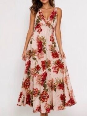 Paper Heart Maxi Dress XL Floral Linen Blend V-Neck Coquette Romantic Fairycore